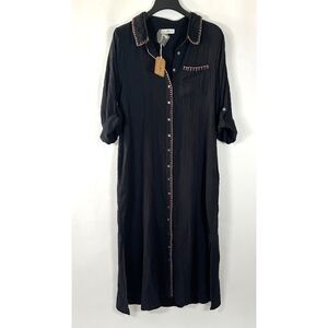 Natural Life Long Sleeve Maxi Dress Button-Front Shirtdress Black Cotton Medium